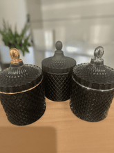 Load image into Gallery viewer, Trio of deluxe geo candles featuring matt black, gold, and silver finishes, luxury soy wax collection.