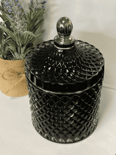 Load image into Gallery viewer, Close-up of deluxe black geometric candle jar with silver trim and lid, elegant 500ml soy wax candle for home fragrance.