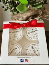 Load image into Gallery viewer, Gift box of soy melt shot pots in Red Door Type fragrance, packaged with a red ribbon and window display.