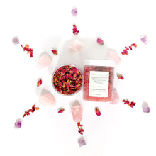 Load image into Gallery viewer, Flat lay of Goddess bath soak surrounded by rose petals and crystals, Bopo Women self-love and relaxation ritual.