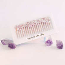Load image into Gallery viewer, Close-up of lilac tortoise acetate comb from the Bopo Women Halo Hair Drops Gift Set styled with purple crystals.