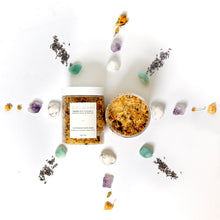 Load image into Gallery viewer, Flat lay of Sacred Surrender bath soak surrounded by crystals and botanicals, Bopo Women natural self-care ritual blend.