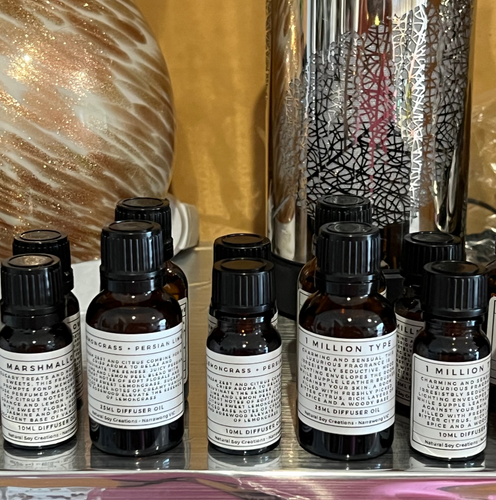 Set of 25ml diffuser fragrance oils in dropper bottles, premium scents for ultrasonic diffusers and home aroma.