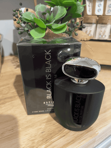 Black is Black Eau de Parfum 100ml by Estiara, matte black bottle with silver cap, displayed with matching black packaging