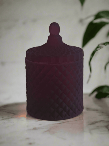Bohemian red geo 230ml candle jar with textured glass and lid, stylish home décor container for natural soy candles.