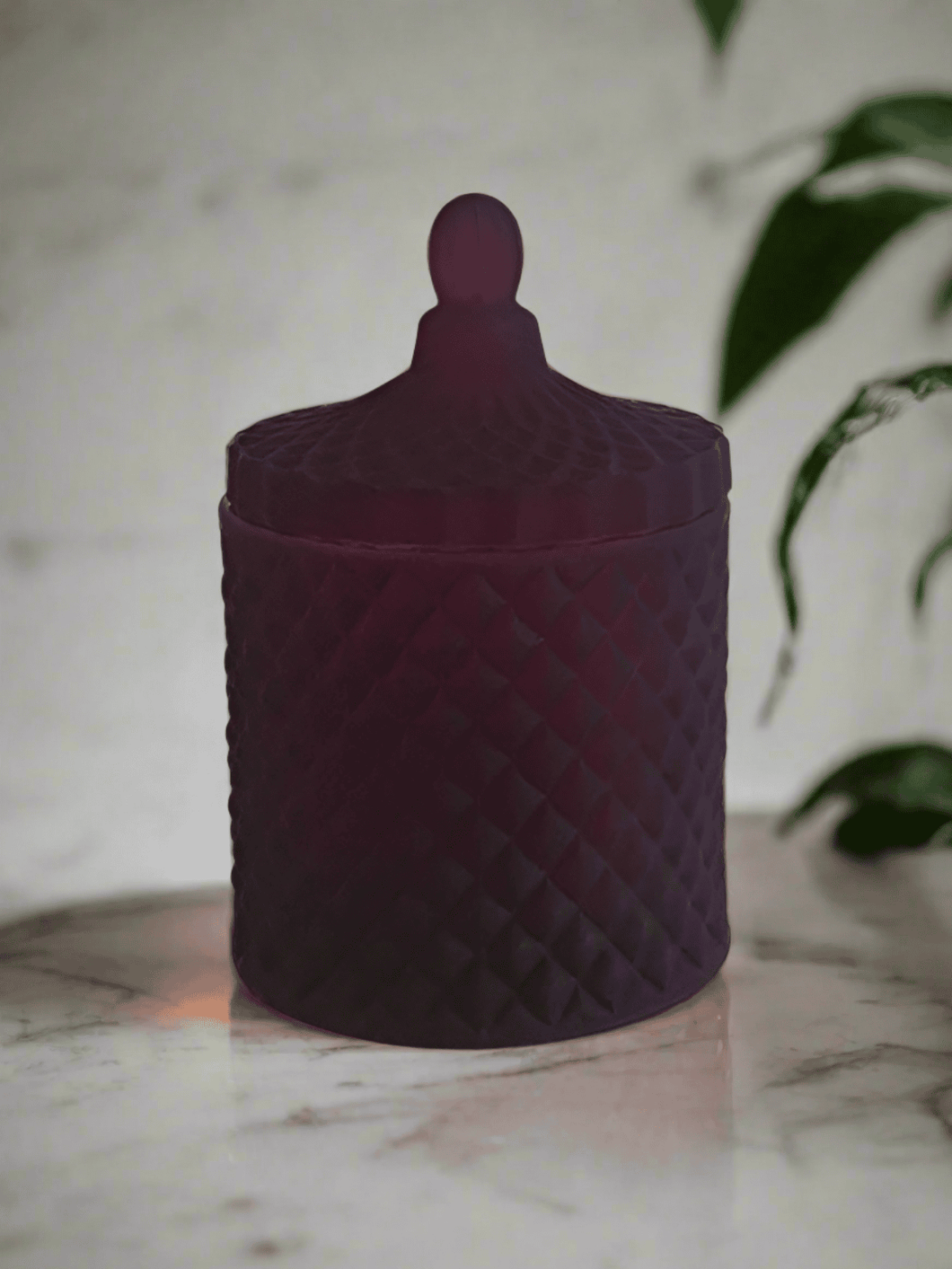 Bohemian red geo 230ml candle jar with textured glass and lid, stylish home décor container for natural soy candles.