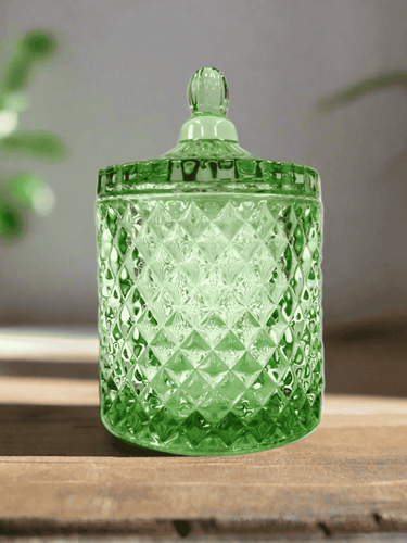 Deluxe Light Green Geo Soy Candle in a textured glass jar with lid – handcrafted soy wax candle by Natural Soy Creations.