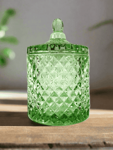 Deluxe Light Green Geo Soy Candle in a textured glass jar with lid – handcrafted soy wax candle by Natural Soy Creations.