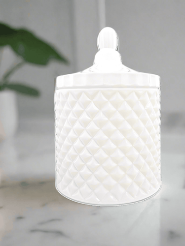 Deluxe White Geo Soy Candle in an elegant textured glass jar with lid – handcrafted soy wax candle by Natural Soy Creations.