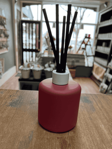 Grape matte reed diffuser with black reeds for home fragrance.