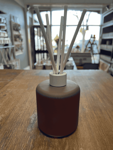 Lilac matte reed diffuser with white reeds for long-lasting scent.