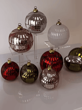 Load image into Gallery viewer, Collection of gold, red, and silver mini bauble candles displayed together, showcasing elegant festive glass designs.
