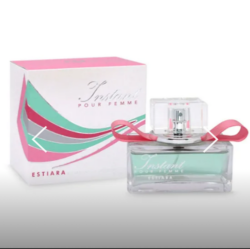Instant Pour Femme EDP women’s perfume by Estiara, 100ml bottle with pink bow and matching gift box.