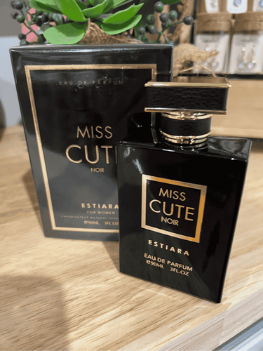 Miss Cute Noir Eau de Parfum 90ml by Estiara, elegant black and gold bottle with matching packaging.