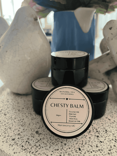 Natural chesty balm in a jar, soothing herbal rub to ease congestion and support breathing comfort.