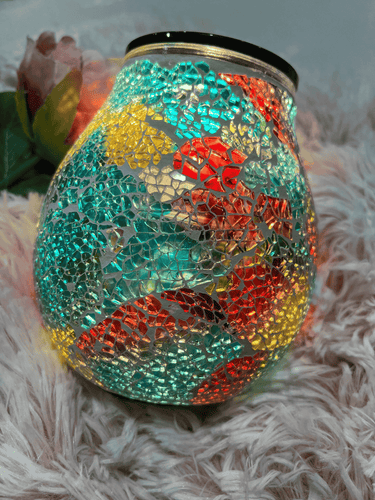 Rainbow mosaic electric heat plate wax warmer for melting soy wax melts, stylish design with vibrant glass pattern.