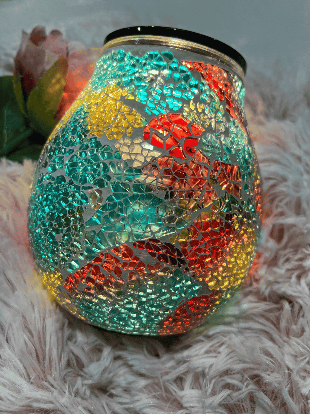 Rainbow mosaic electric heat plate wax warmer for melting soy wax melts, stylish design with vibrant glass pattern.