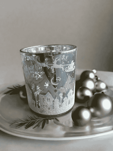 Reindeer Express Soy Candle in silver glass jar with festive decorations, 40-hour burn time.