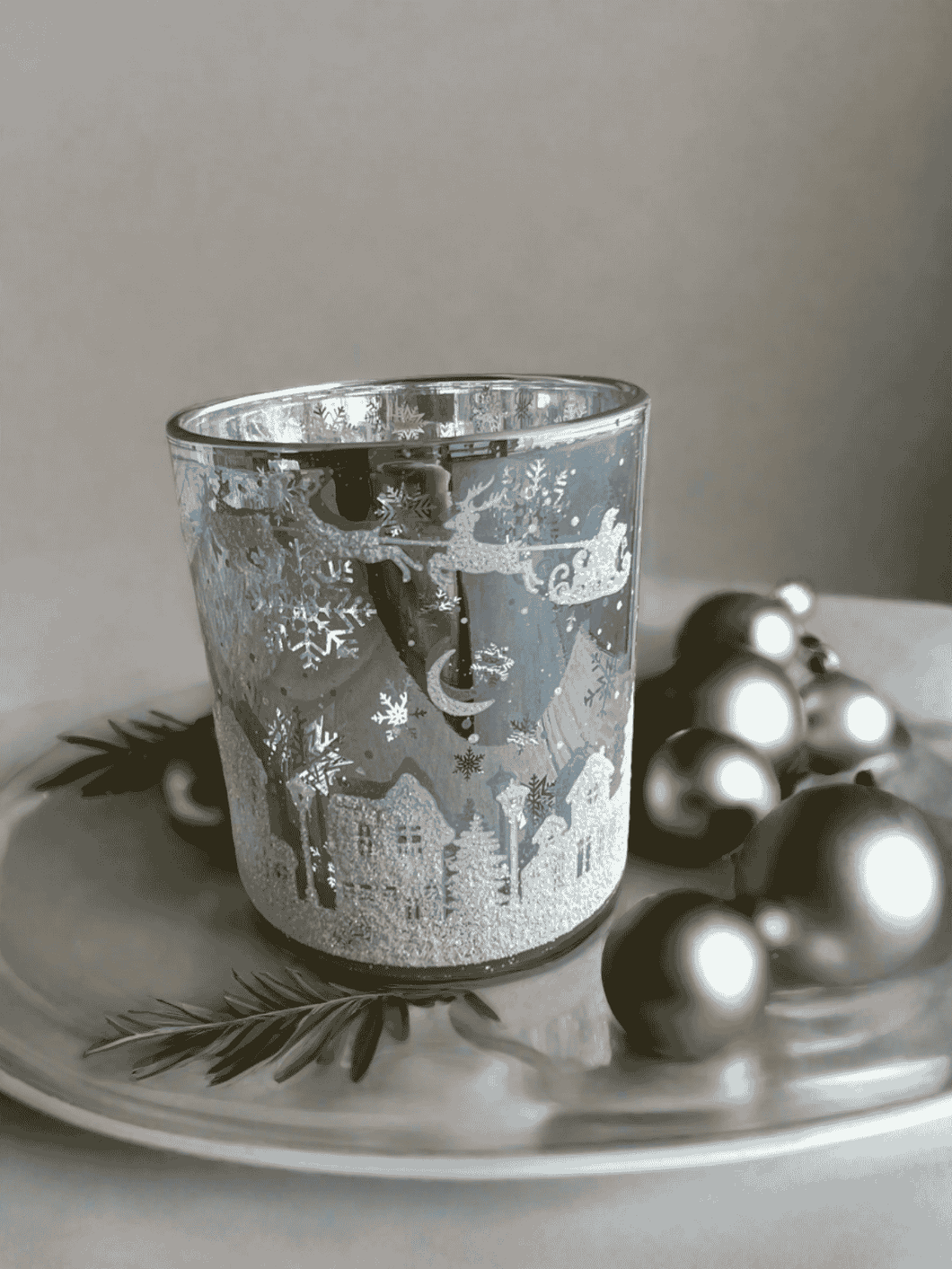 Reindeer Express Soy Candle in silver glass jar with festive decorations, 40-hour burn time.