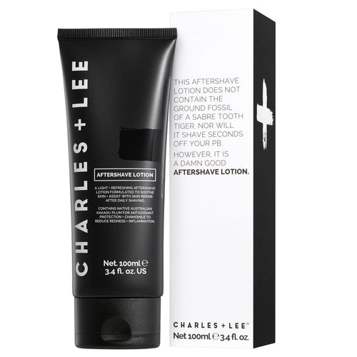 Charles + Lee 100ml aftershave lotion with packaging, men’s grooming product designed to soothe and repair skin after shaving.