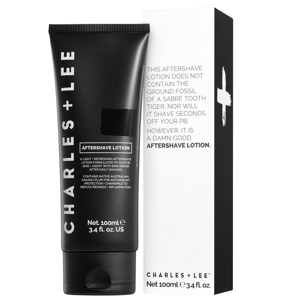 Charles + Lee 100ml aftershave lotion with packaging, men’s grooming product designed to soothe and repair skin after shaving.