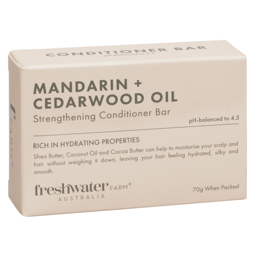 Mandarin and cedarwood oil strengthening conditioner bar in beige box, 70g vegan and Australian-made hair care for dry or frizzy hair.