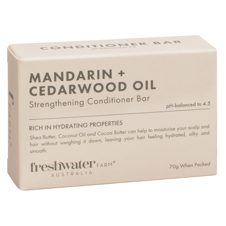 Mandarin and cedarwood oil strengthening conditioner bar in beige box, 70g vegan and Australian-made hair care for dry or frizzy hair.