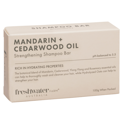 Mandarin and cedarwood oil strengthening shampoo bar in beige box, 100g vegan and Australian-made hair care for dry or frizzy hair.
