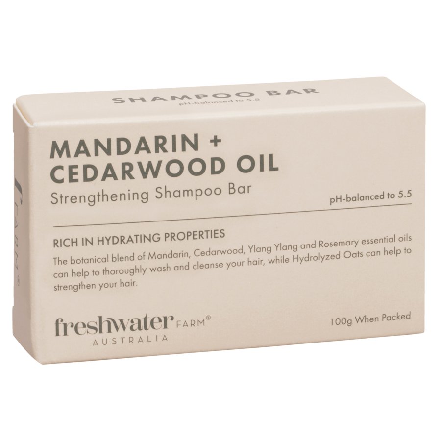 Mandarin and cedarwood oil strengthening shampoo bar in beige box, 100g vegan and Australian-made hair care for dry or frizzy hair.