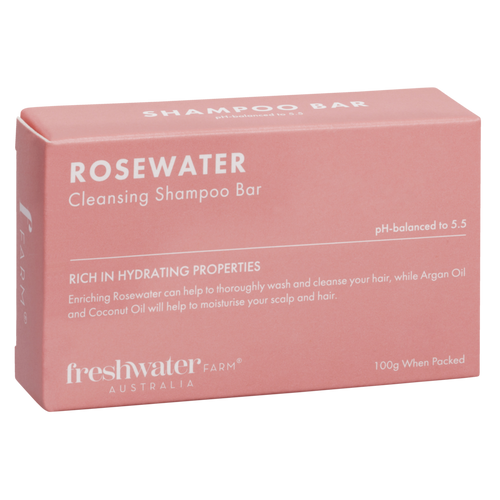Rosewater cleansing shampoo bar in pink box, 100g vegan and Australian-made hair care for normal hair.