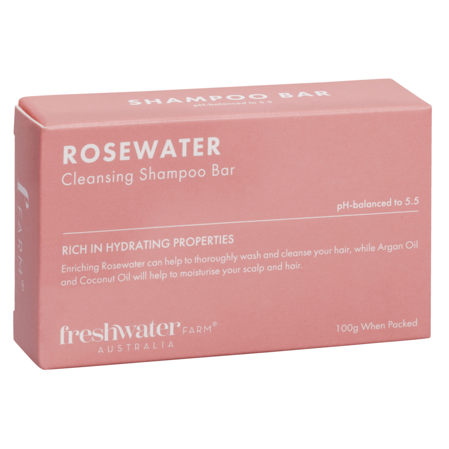 Rosewater cleansing shampoo bar in pink box, 100g vegan and Australian-made hair care for normal hair.
