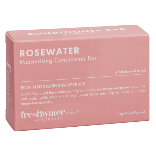 Rosewater conditioner bar in pink box, 100g vegan and Australian-made nourishing hair care for soft, healthy hair.
