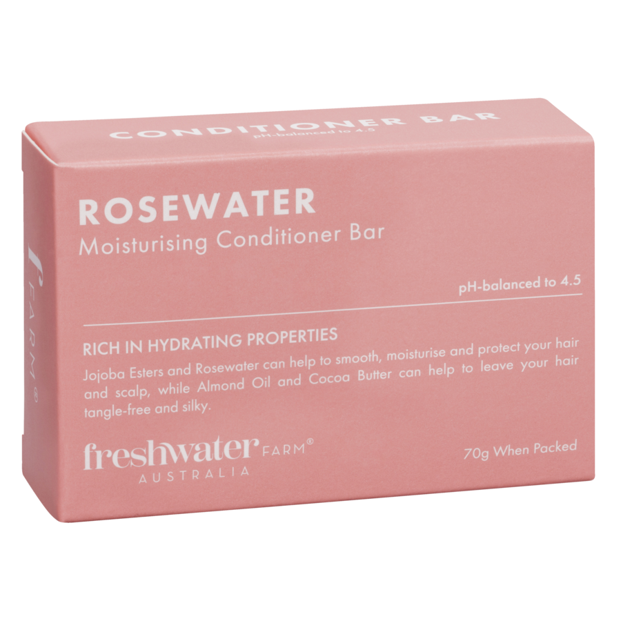 Rosewater conditioner bar in pink box, 100g vegan and Australian-made nourishing hair care for soft, healthy hair.